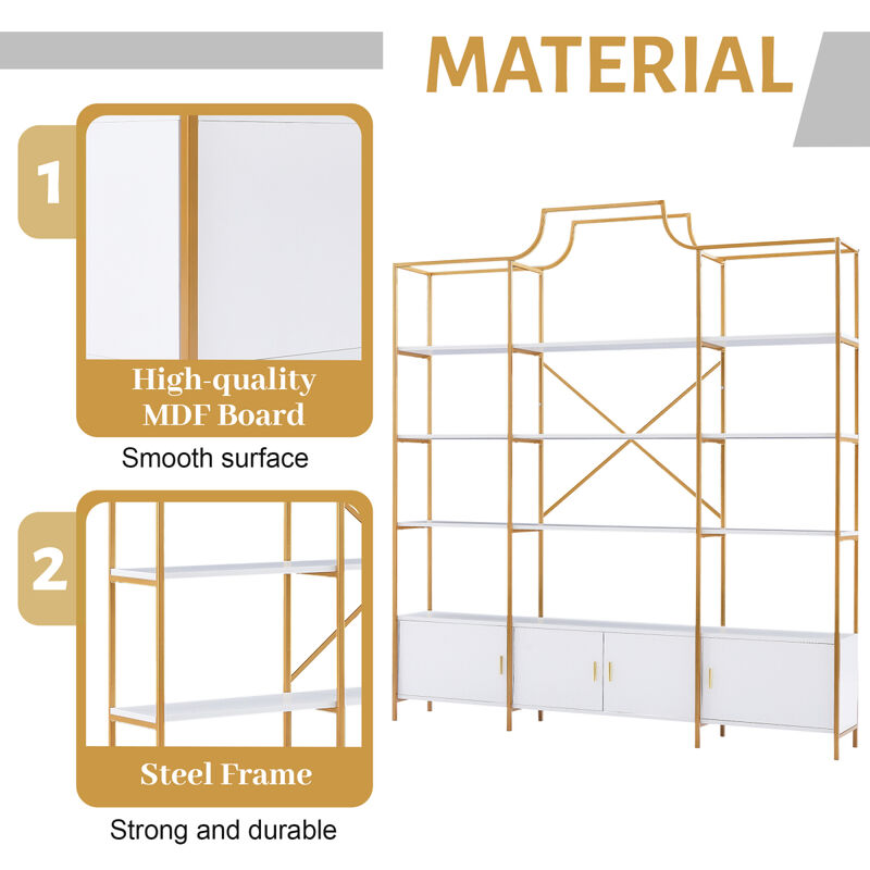 78 Inch 4 Tiers Home Office Bookcase Bookshelf, Storage Cabinet Display Shelf, X Bar Gold Frame