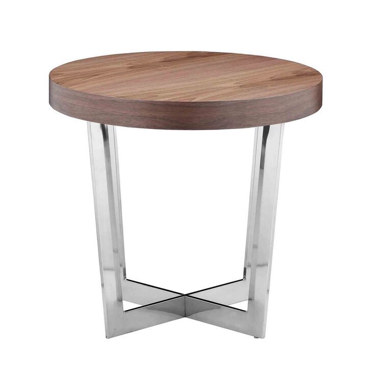 Tini 24 Inch Side End Table, Round Shaped Top, Metal Frame, Walnut Brown - Benzara