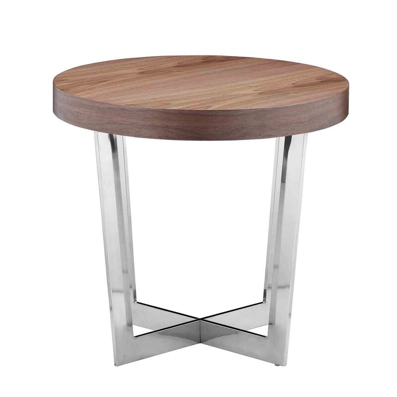 Tini 24 Inch Side End Table, Round Shaped Top, Metal Frame, Walnut Brown - Benzara