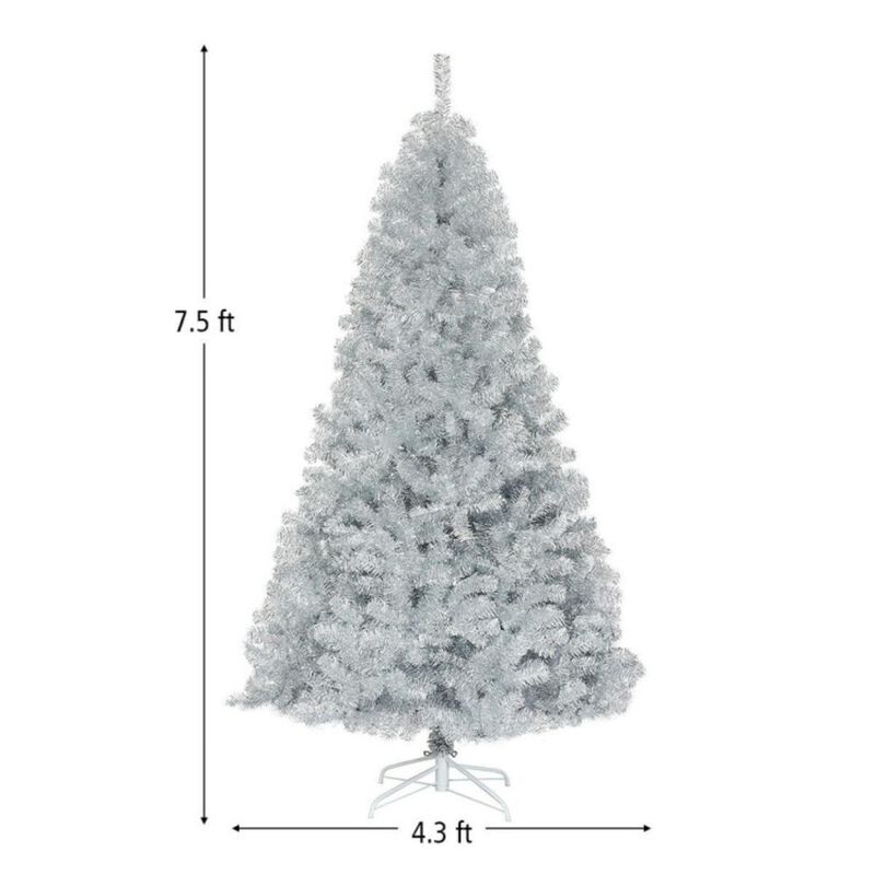 Hivvago 7.5 Ft Hinged Unlit Artificial Silver Tinsel Christmas Tree