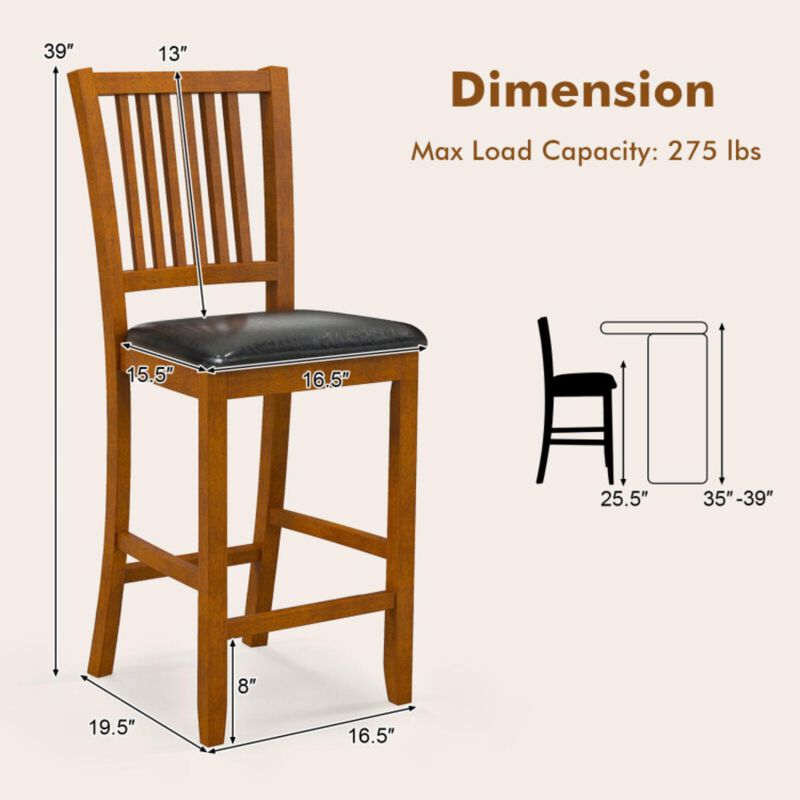 Hivvago 2-Piece Bar Chair Set Counter Height Bar Stool with Backrest-Walnut