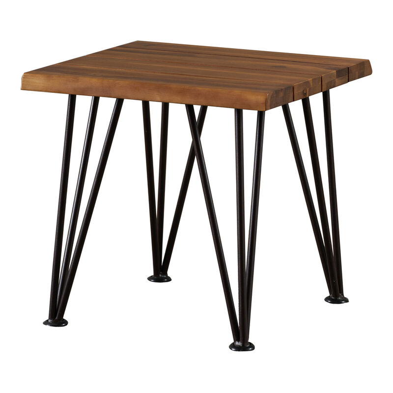 Zion Outdoor Accent Table, 18 Inch Square, Hairpin Legs, Brown Wood - Benzara