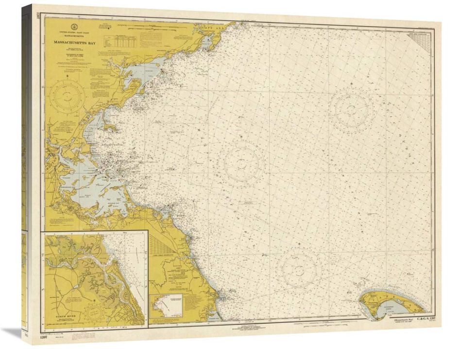 Nautical Chart - Massachusetts Bay ca. 1970 - Sepia Tinted-Canvas Art-36x28.8