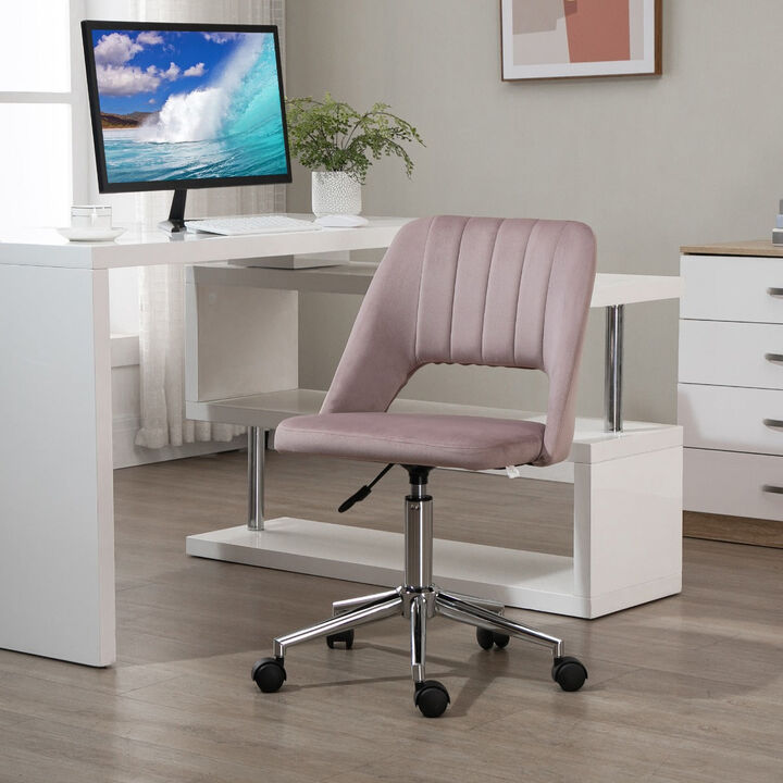 Pink Office Comfort: Velvet Mid Back Swivel Chair with Scallop Design