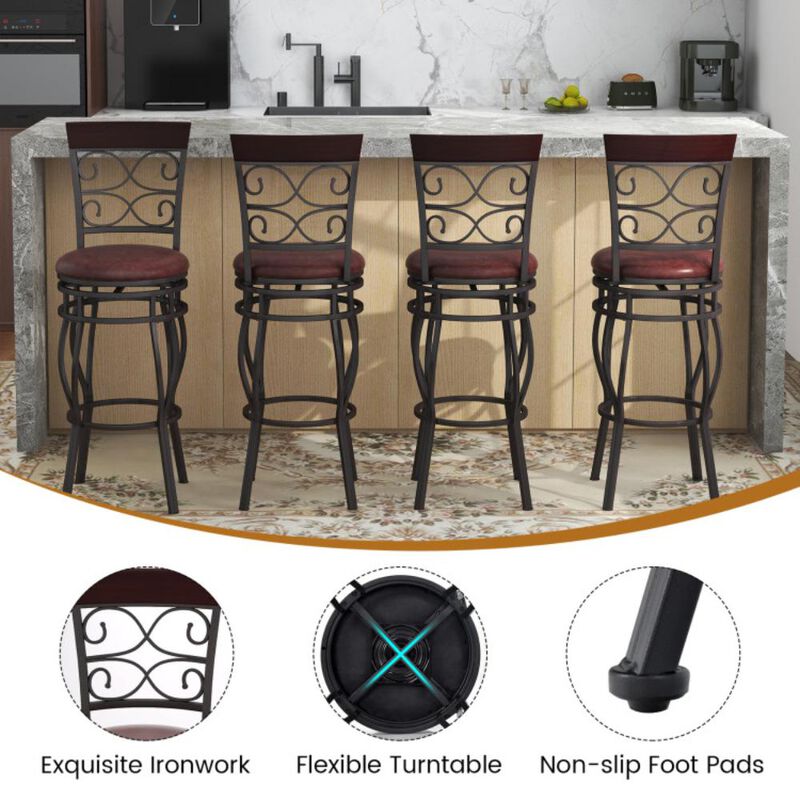 Hivvago 2 Pieces 30 Inch 360 Degree Swivel Bar Stools with Leather Padded Seat-Brown