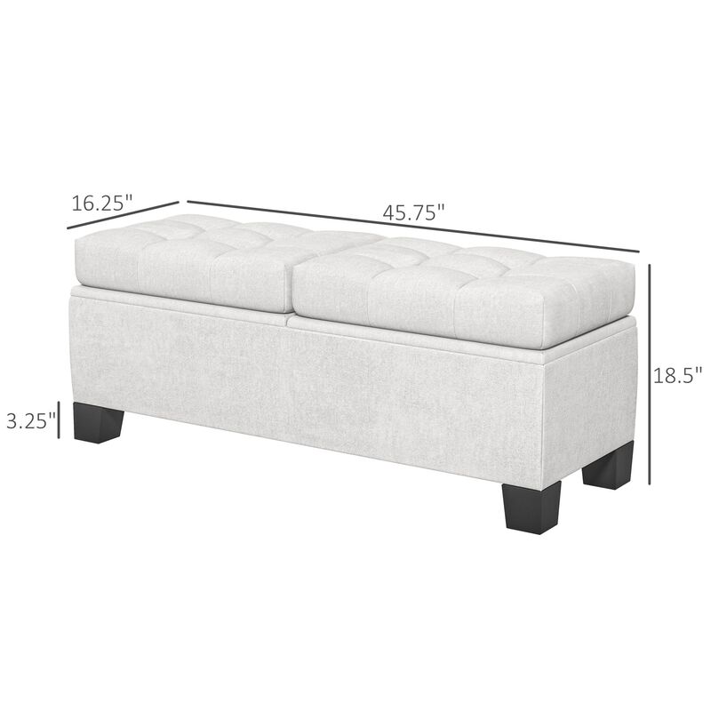 46" Cream Storage Ottoman: Button Tufted, Steel Frame