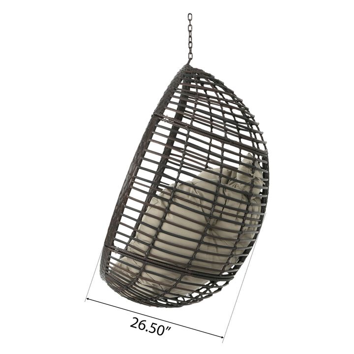 Jaya Outdoor Hanging Chair, Basket Shape, Khaki Brown Rattan, 47 Inch - Benzara