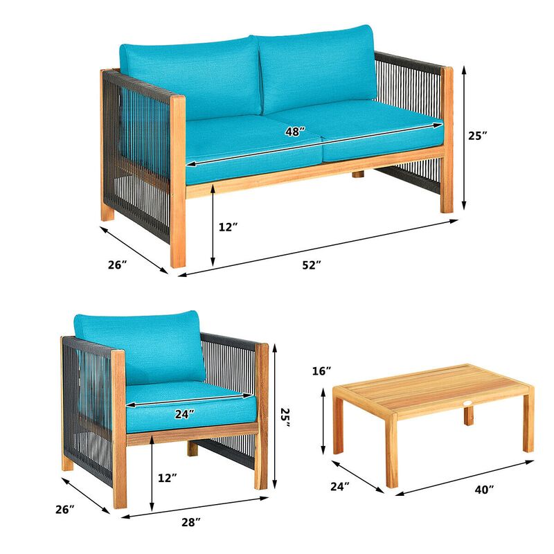 4 Pieces Acacia Wood Sofa Set with Cushions for Outdoor Patio-Blue