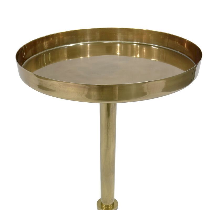 Ara 12 Inch Side End Table, Vintage Sleek Pillar Base, Round Tray Top, Oxidized Antique Brass