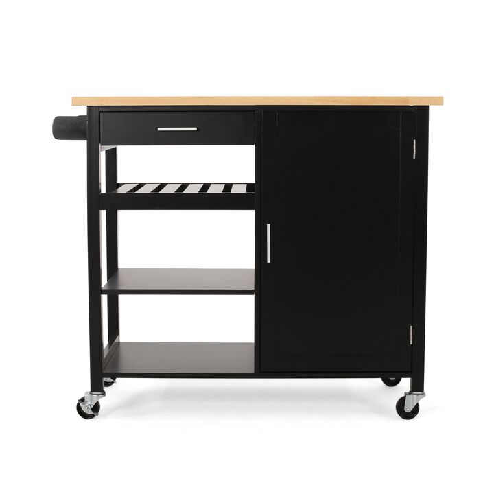 Rolling Kitchen Bar Cart, 3 Shelves, Cabinet, 42 Inch Black and Brown - Benzara