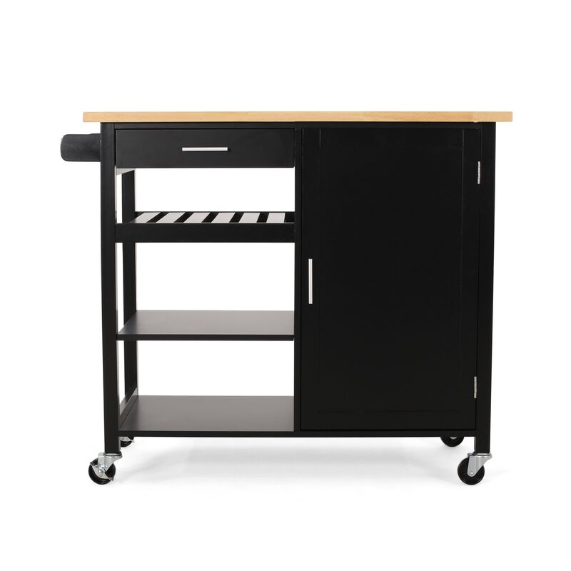 Rolling Kitchen Bar Cart, 3 Shelves, Cabinet, 42 Inch Black and Brown - Benzara