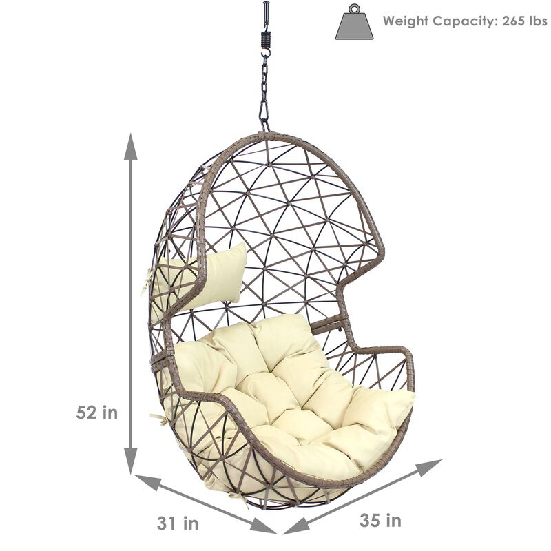 Sunnydaze Resin Wicker Basket Hanging Egg Chair with Cushions - Beige