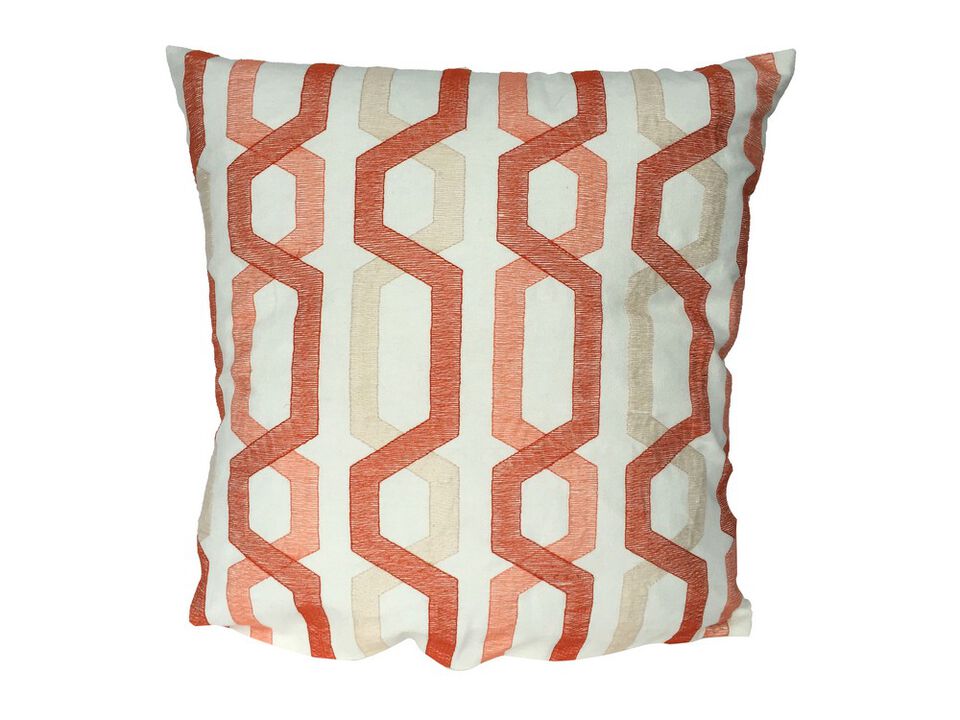 Contemporary Cotton Pillow with Geometric Embroidery, Red and Cream- Benzara