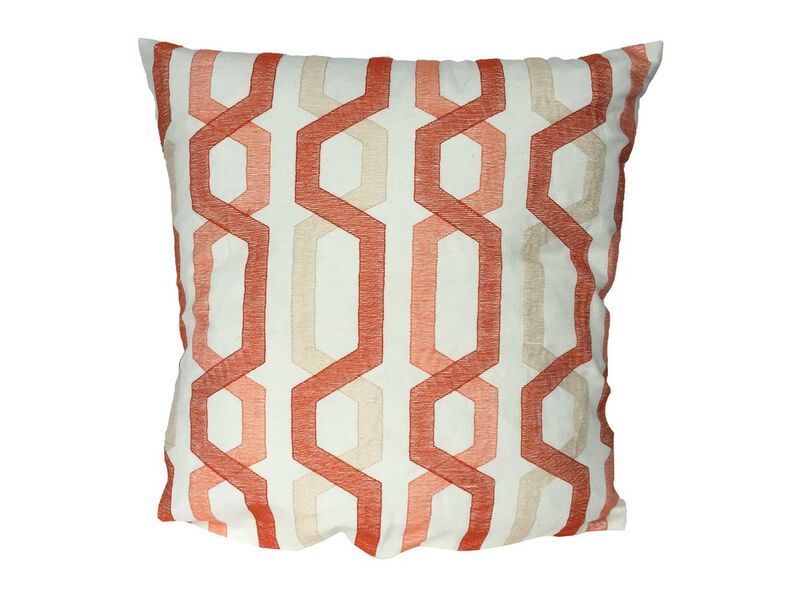Contemporary Cotton Pillow with Geometric Embroidery, Red and Cream- Benzara