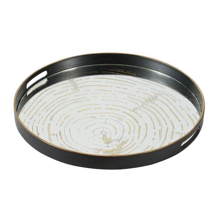18 Inch Decorative Tray, Round Black Wood Frame, Mirrored Bottom - Benzara