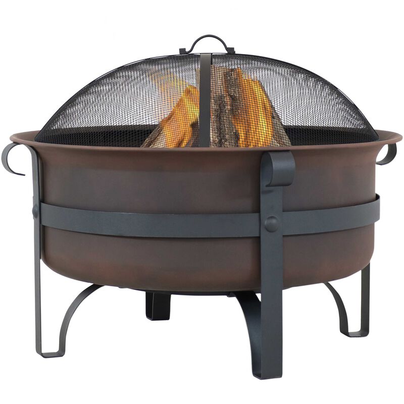 Sunnydaze 29 in Cauldron Style Steel Fire Pit with Spark Screen - Bronze