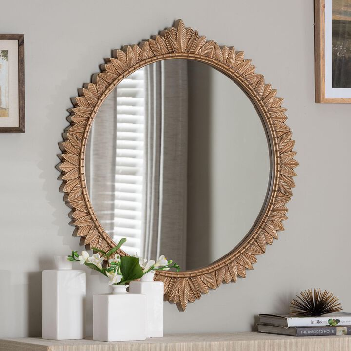 Baxton Studio Caitlin Antique Gold Finished Wood Round Accent Wall Mirror with Carved Leaf Border