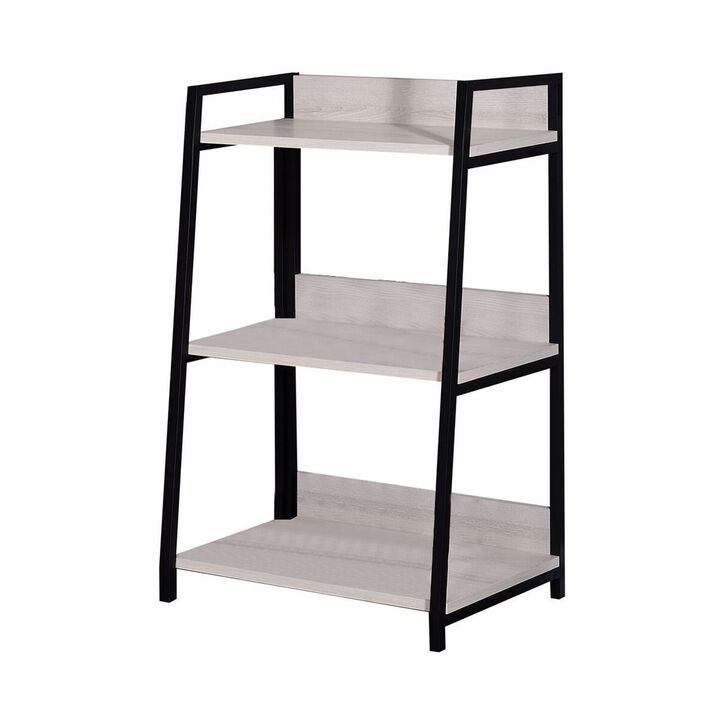 Wooden Bookshelf with 3 Open Compartments, Washed White and Black-Benzara