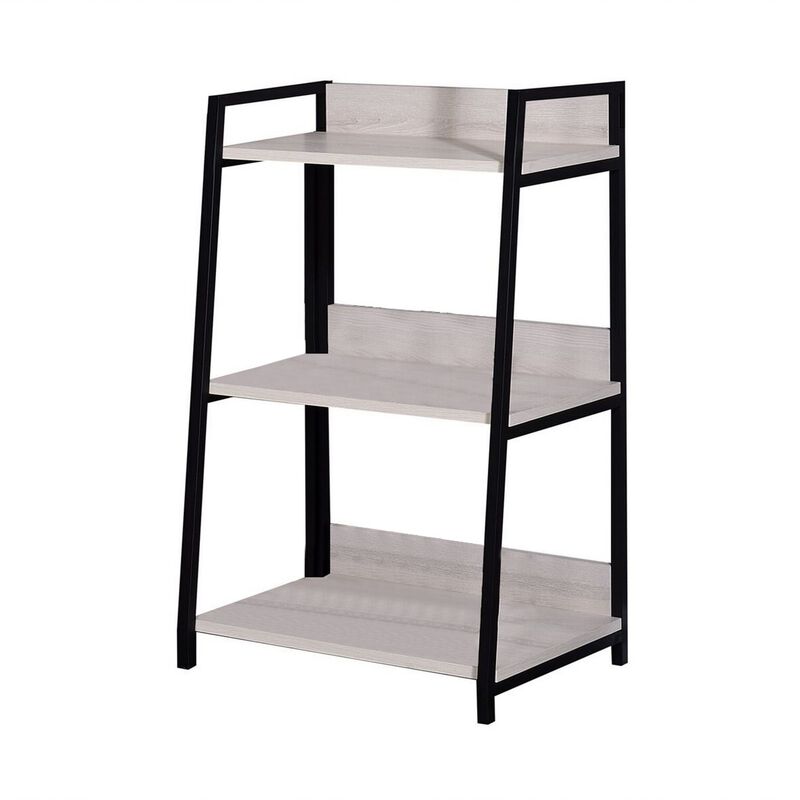Wooden Bookshelf with 3 Open Compartments, Washed White and Black-Benzara