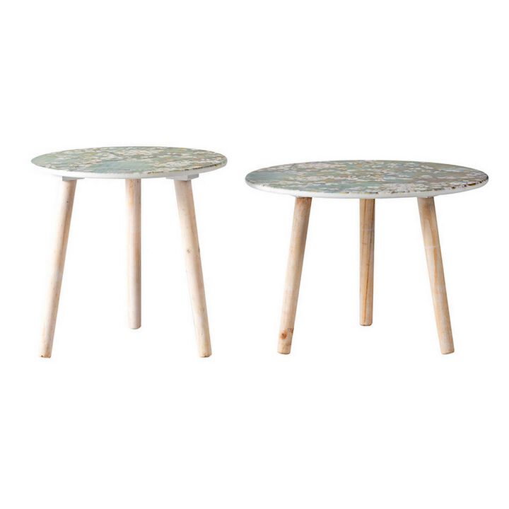 Byle 16, 20 Inch Side Table Set of 2, Floral Design, Cherry Blossom, Blue - Benzara