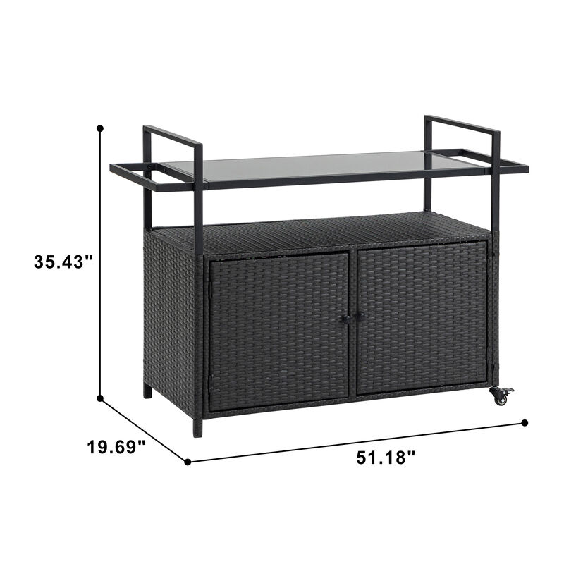 Outdoor Wicker Bar Cart with Glass Top