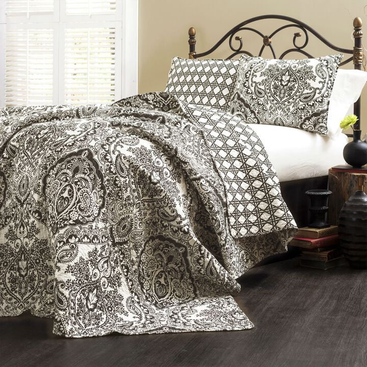 Hivvago Queen size 3-Piece Quilt Set 100-Percent Cotton in Black White Damask