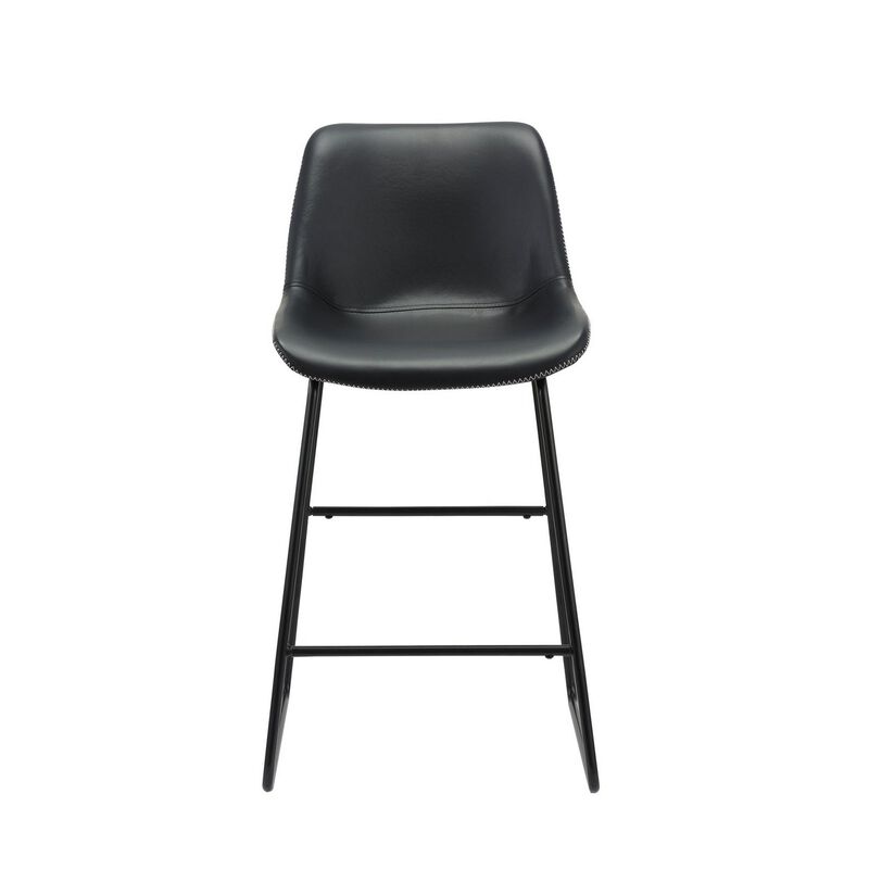 26 Inch Counter Height Chair, Set of 2, Black Faux Leather, Sled Legs - Benzara