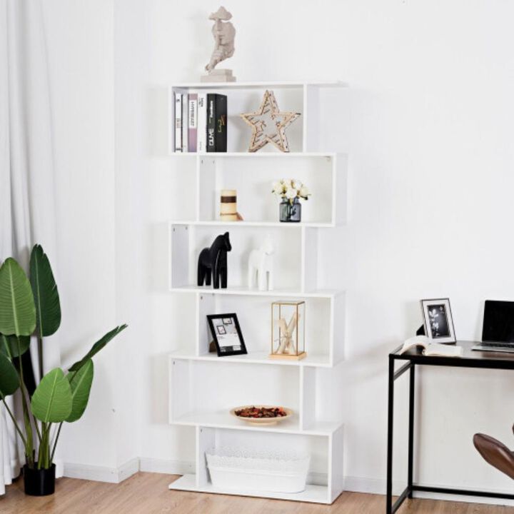 6-Tier S-Shaped Bookcase Z-Shelf Style Storage Bookshelf