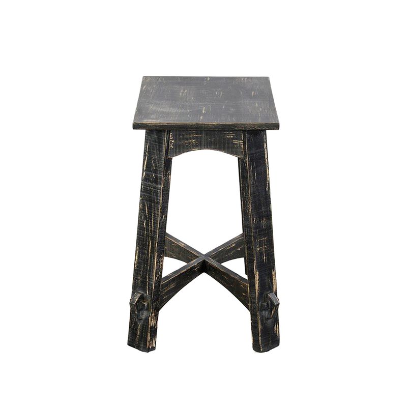 Rena Accent Chairside Table, X Legs, 24in Distressed Rustic Black Wood - Benzara