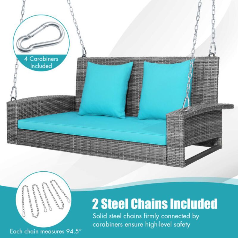 Hivvago 2-Person Patio PE Wicker Hanging Porch Swing Bench Chair Cushion 800 Pounds