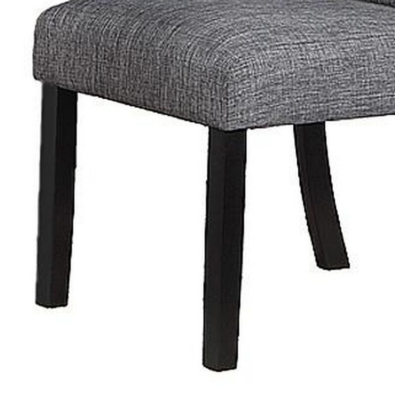 Jie 25 Inch Dining Chair, Tufted Gray Upholstery, Rolled Top, Black Wood - Benzara