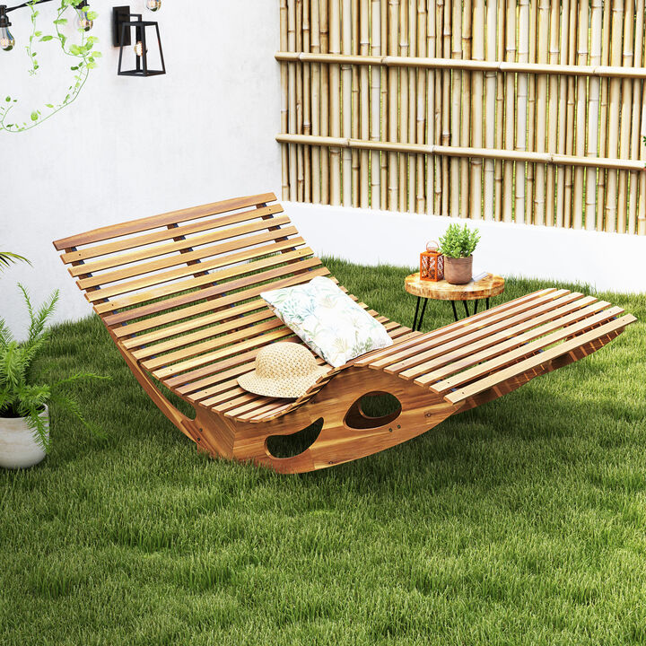 Slatted Acacia 2-Seat Patio Dual Rocker Lounger with Ergonomic Curved Seat for Outdoor Relaxation