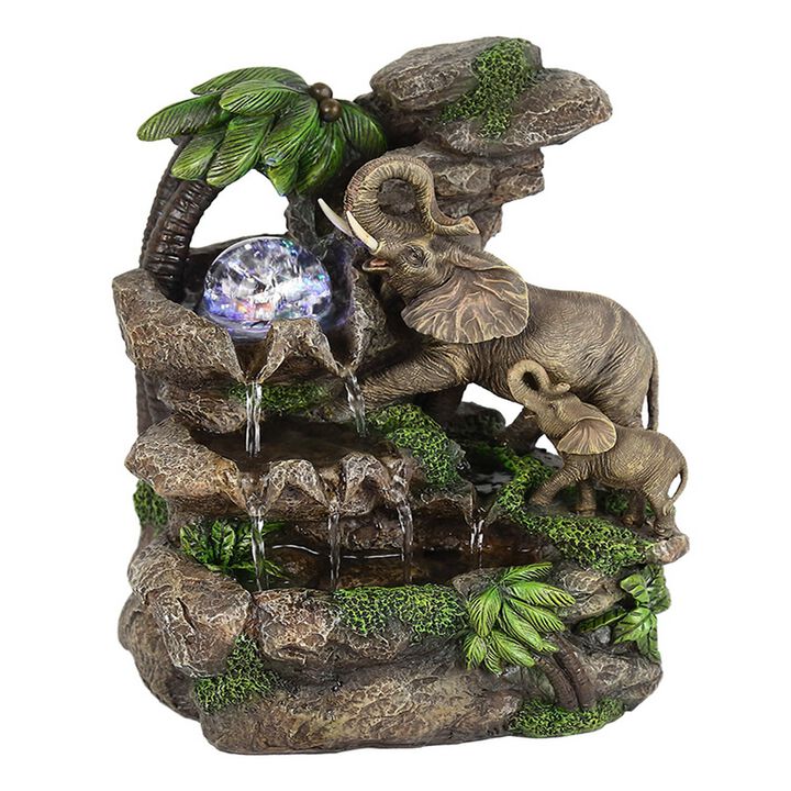 Eci 11 Inch Elephant Tabletop Water Fountain, Crystal LED Light, Multicolor - Benzara