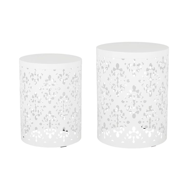 Kemo Outdoor End Table Set of 2, Round Top, Cutout Design, White Iron - Benzara