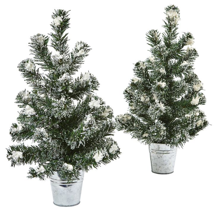Hivvago 18 Inches Snowy Pine Tree with Tin (Set of 2)