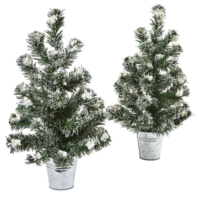 Hivvago 18 Inches Snowy Pine Tree with Tin (Set of 2)