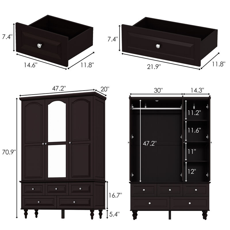 Black Paint 47.2 in. W Big Wardrobe Armoires W/Mirror, Hanging Rod, Drawers, Adjustable Shelves 70.9 in. H x 20 in. D