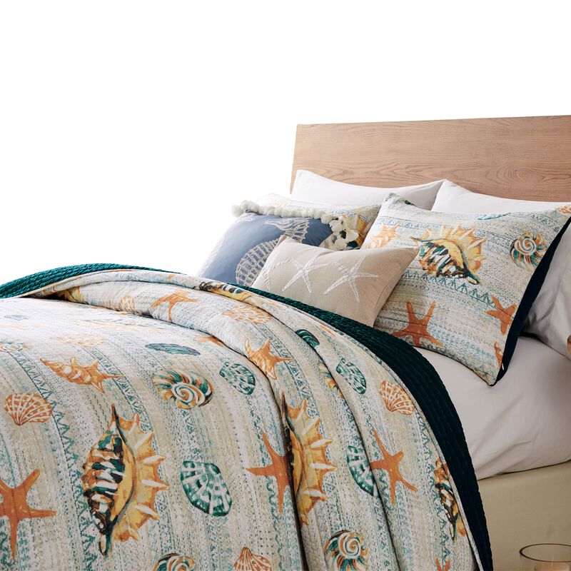Carie 2pc XL Twin Quilt Set, Coastal Seashells, Blue Cotton Microfiber