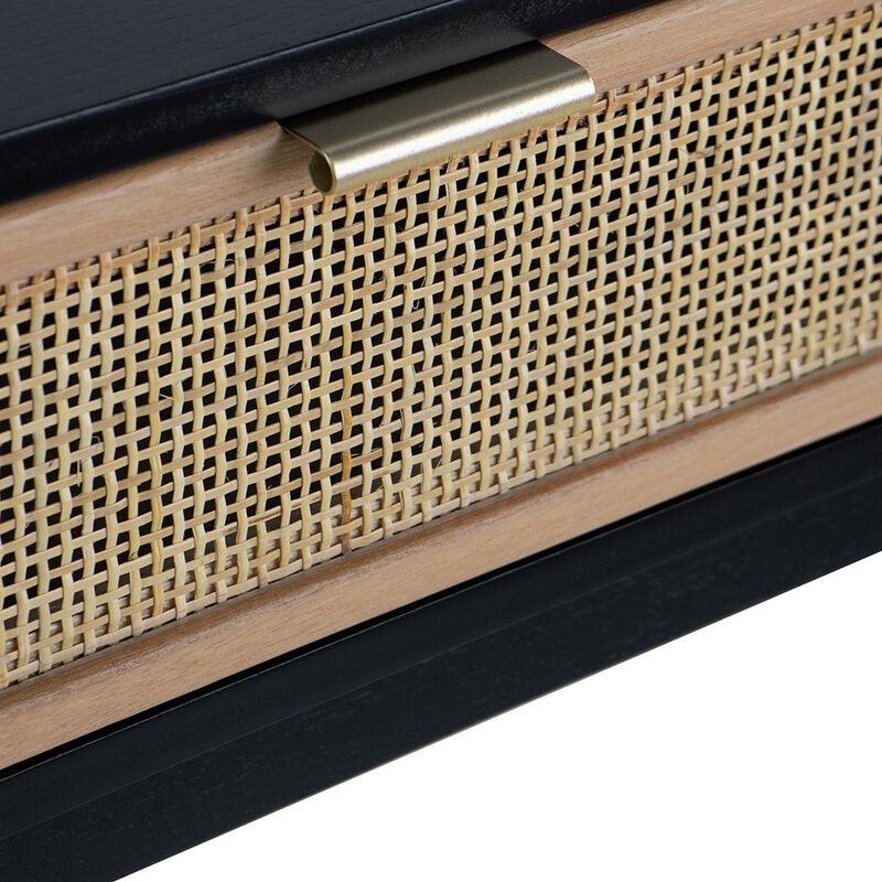 Ela 35 Inch 2 Drawer Wood Console Table, Woven Rattan Panels, Brown, Black - Benzara