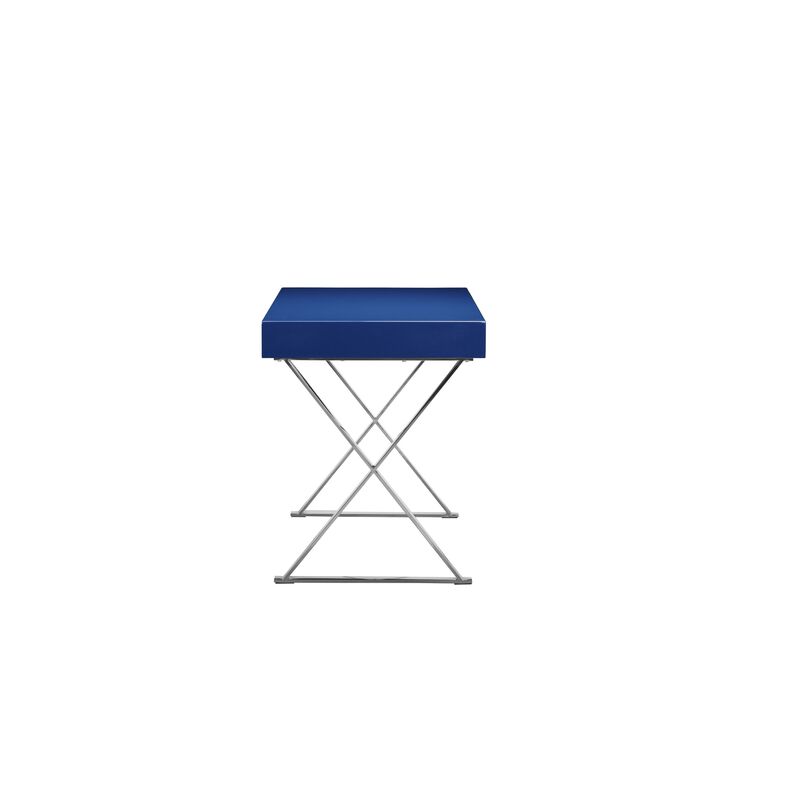 Rix 47 Inch Office Desk, Navy Wood Top, 2 Drawers, X Polished Steel Legs - Benzara