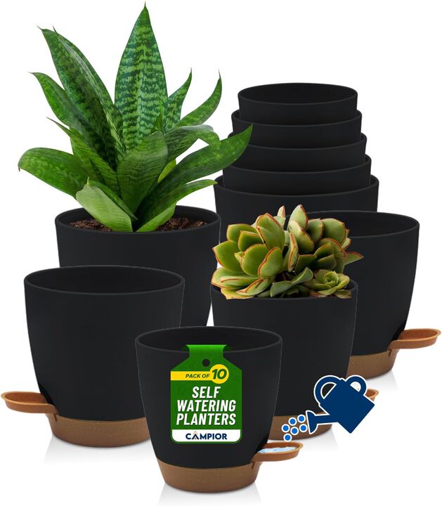 Campior Self-Watering Planters - 5 Size Indoor and Outdoor Plant Pots with Drainage Holes and Wick Rope, Plastic Pot for Succulents, Flowers, and Plants, (7”,6.5”,6”,5.5”,5” Inches), Pack of 10, Black