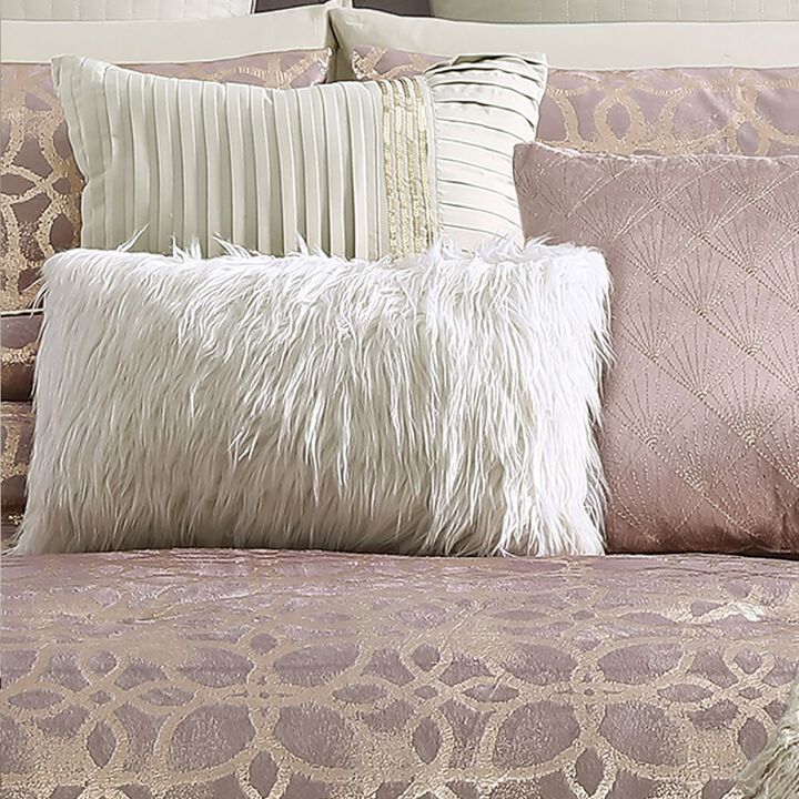 Eve 10 Piece King Size Poly Velvet Comforter Set, Foil Pattern, Blush Pink - Benzara