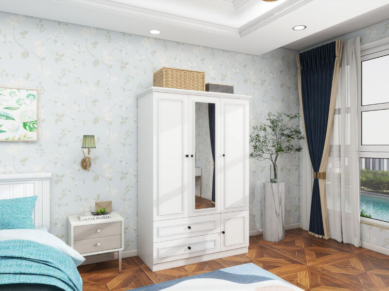 Armoire Wardrobe Closet Wooden with 3 Doors, Hanging Rods, 2 Drawers, Storage Cabinet and Mirror Large Capacity Large Wardrobe Closet for Bedroom, White