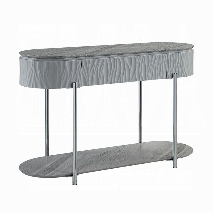 Doug Sofa Table, Gray High Gloss Wood, Drawers, Chrome Metal, 47 Inch - Benzara