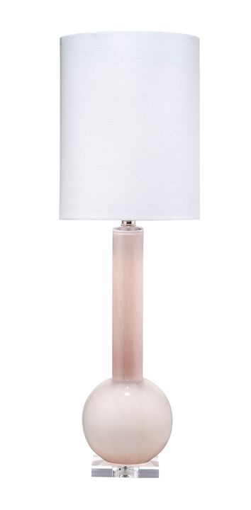 Studio Table Lamp, Leaf Green Glass With Tall Thin Drum Shade, Pink