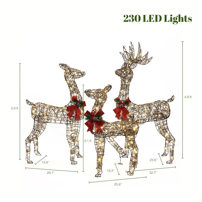 LuxenHome 3-Piece Rattan and Iron Deer Family Outdoor Holiday Decoration with Lights