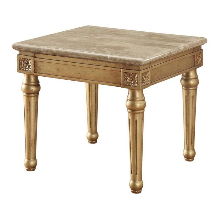 Marble Top End Table With Fluted Detail Wooden Turned Legs, Gold-Benzara