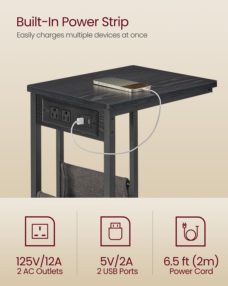 C-Shaped Side Table, End Table with Charging Station, 2 USB Ports and Outlets