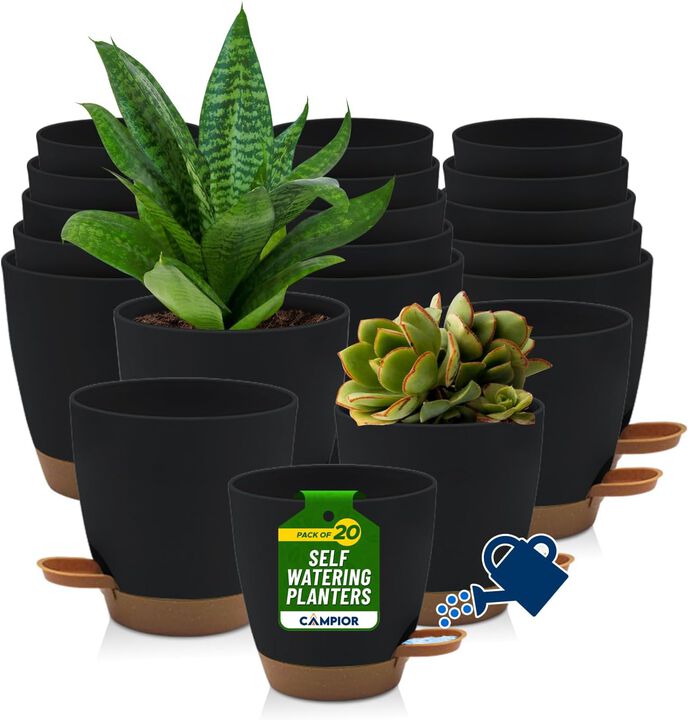 Campior Self-Watering Planters - 5 Size Indoor and Outdoor Plant Pots with Drainage Holes and Wick Rope, Plastic Pot for Succulents, Flowers, and Plants, (7”,6.5”,6”,5.5”,5” Inches), Pack of 20, Black