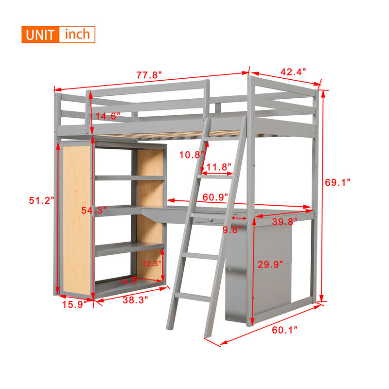 Merax Twin Size Loft Bed with Ladder, Shelves, and Desk